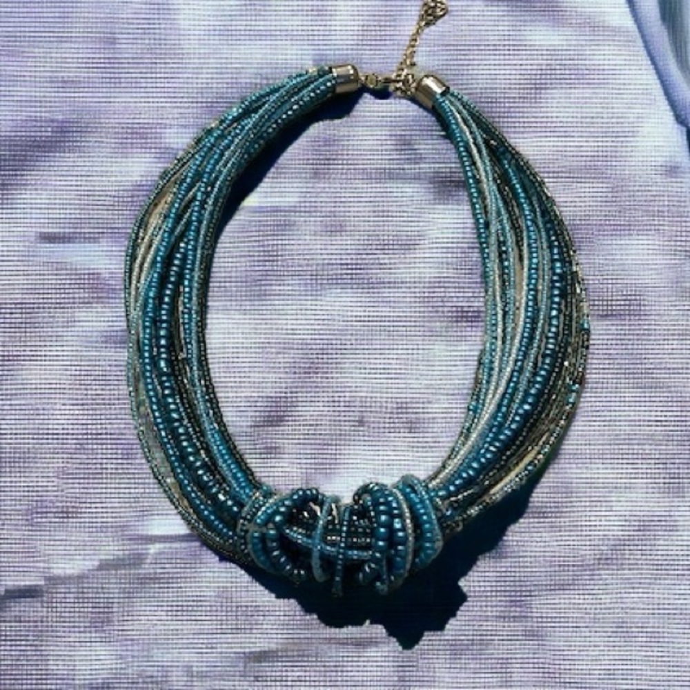 ERICA LYONS SEED BEAD MULTI STRAND CHOKER NECKLACE BLUE